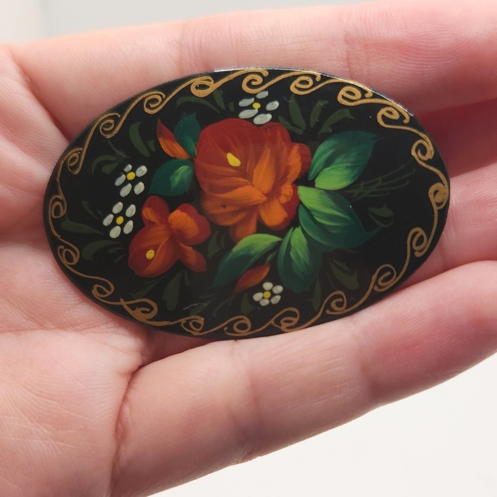 Vintage Russian Lacquered Hand Painted Floral Brooch Signed KT Black Oval Pin